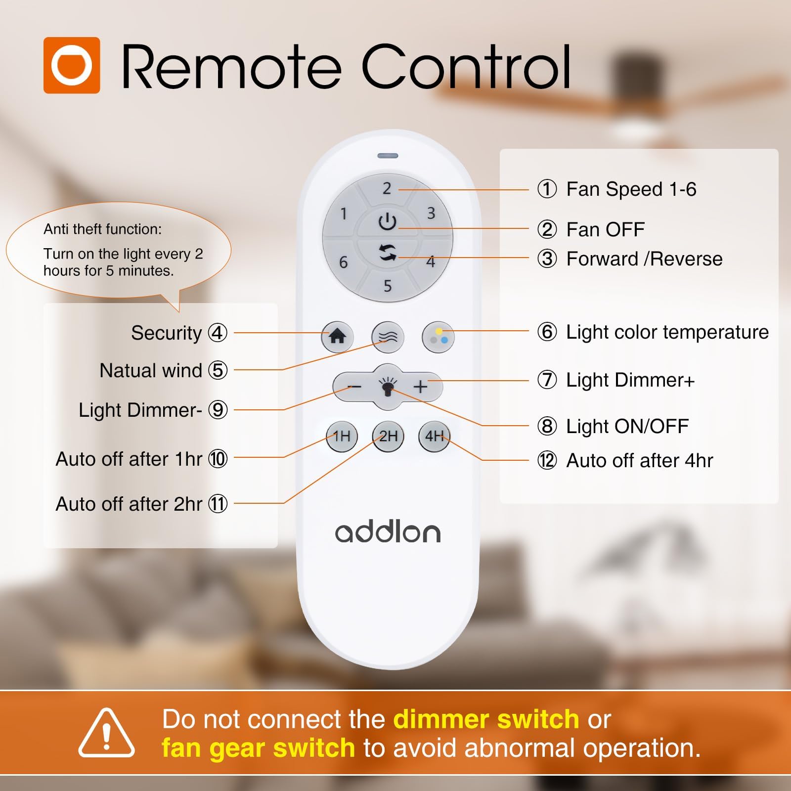 Addlon reversible DC motor ceiling fan promotes year-round comfort.