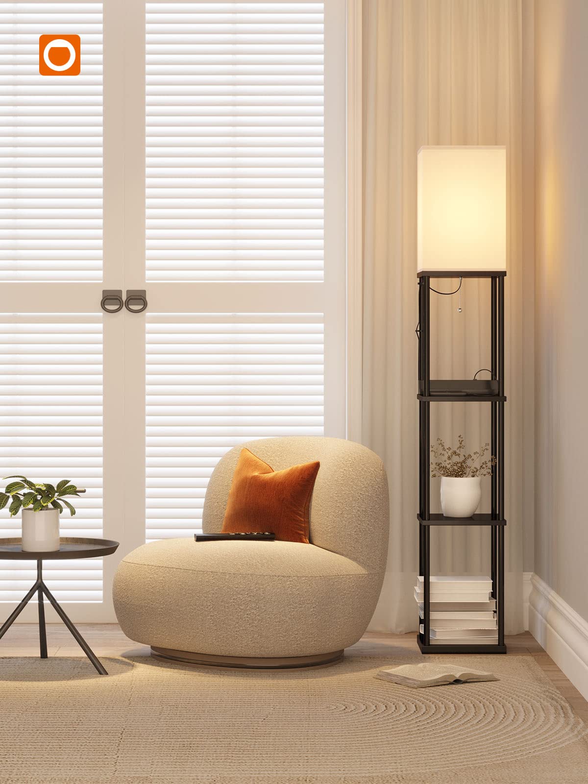 Addlon shelf floor lamp offers warm to cool lighting for reading.