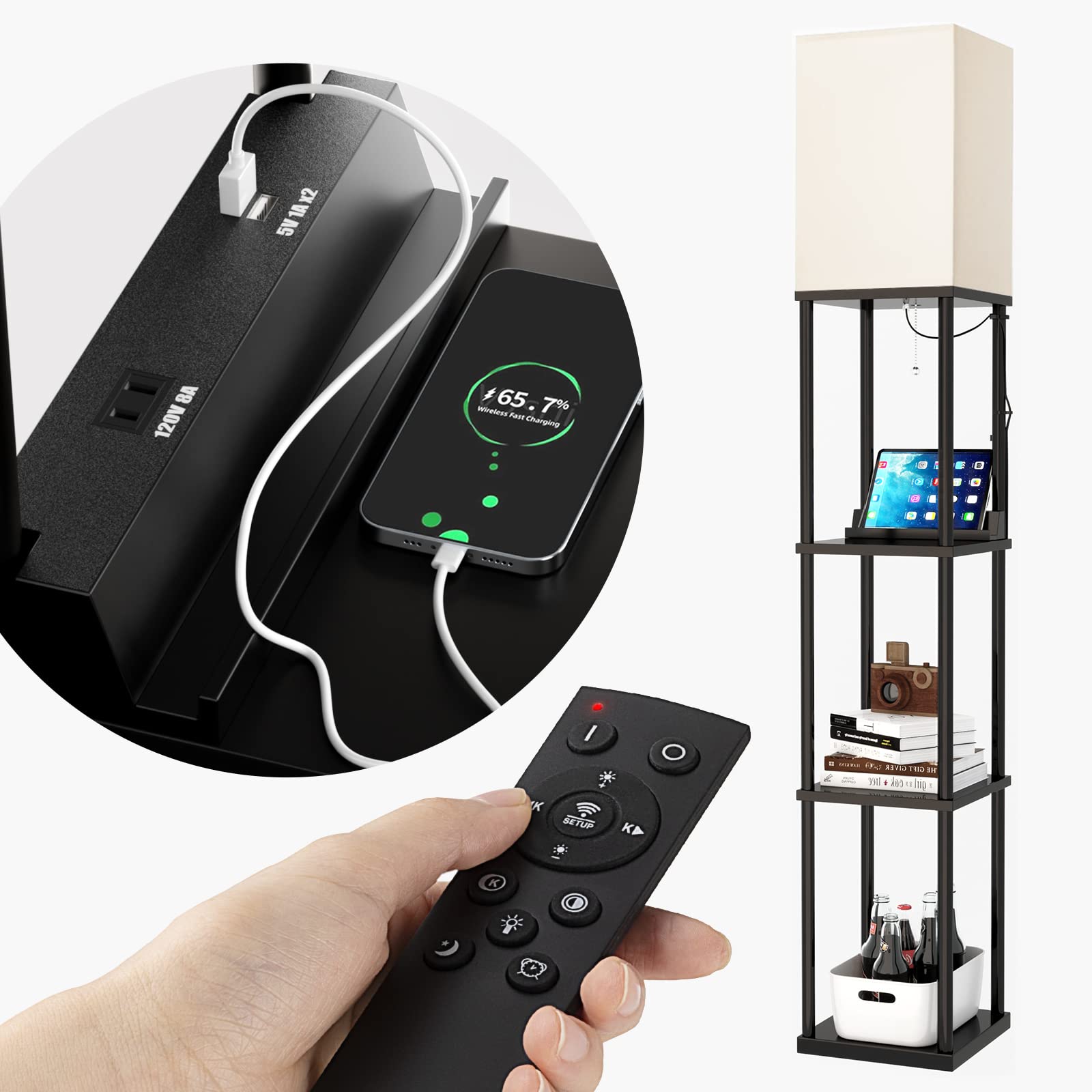 Addlon shelf floor lamp with USB ports and outlet for charging devices.