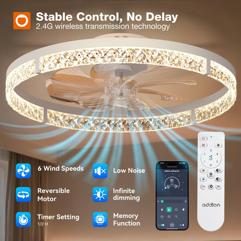 addlon smart remote and app control simplifies fan and light adjustments.
