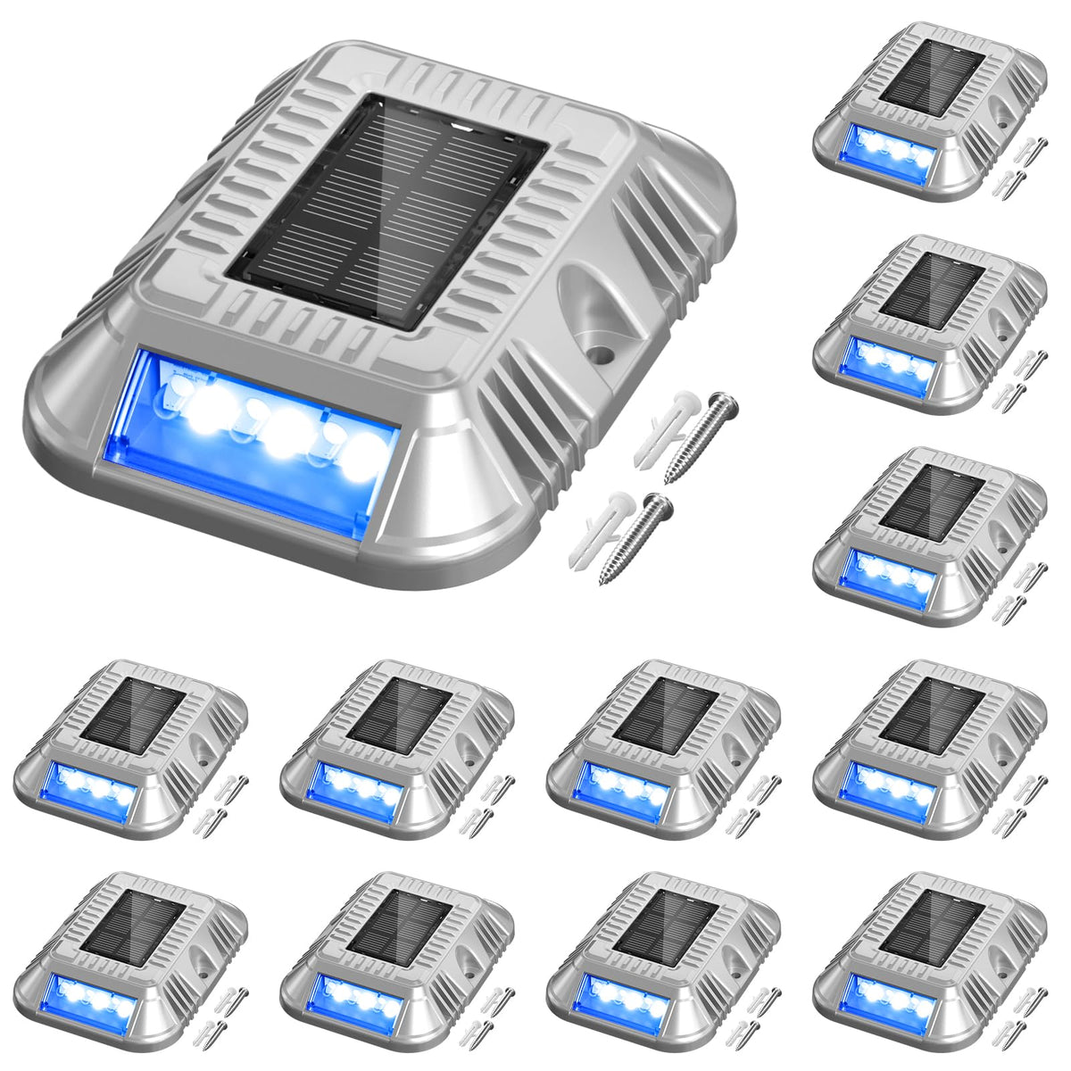 Addlon solar dock light emits blue glow along a dock for safe nighttime guidance