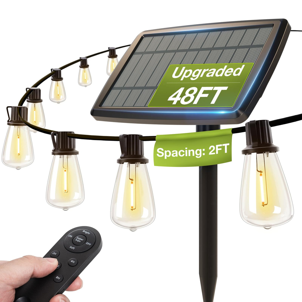 addlon solar string lights with remote control illuminate outdoor spaces with adjustable brightness.