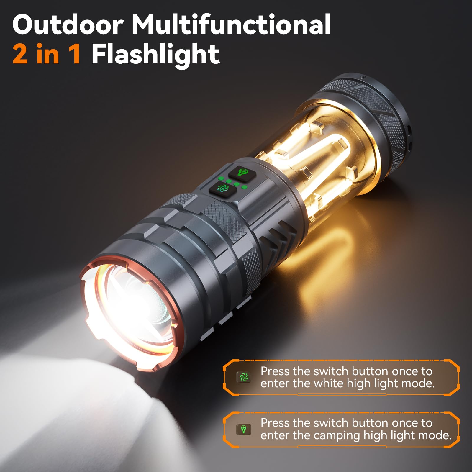 ADDplus flashlight with camping-light-mode for tent ambiance and reading.