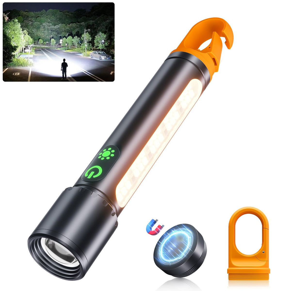 ADDplus magnetic flashlight front view showing compact design and hands-free hook