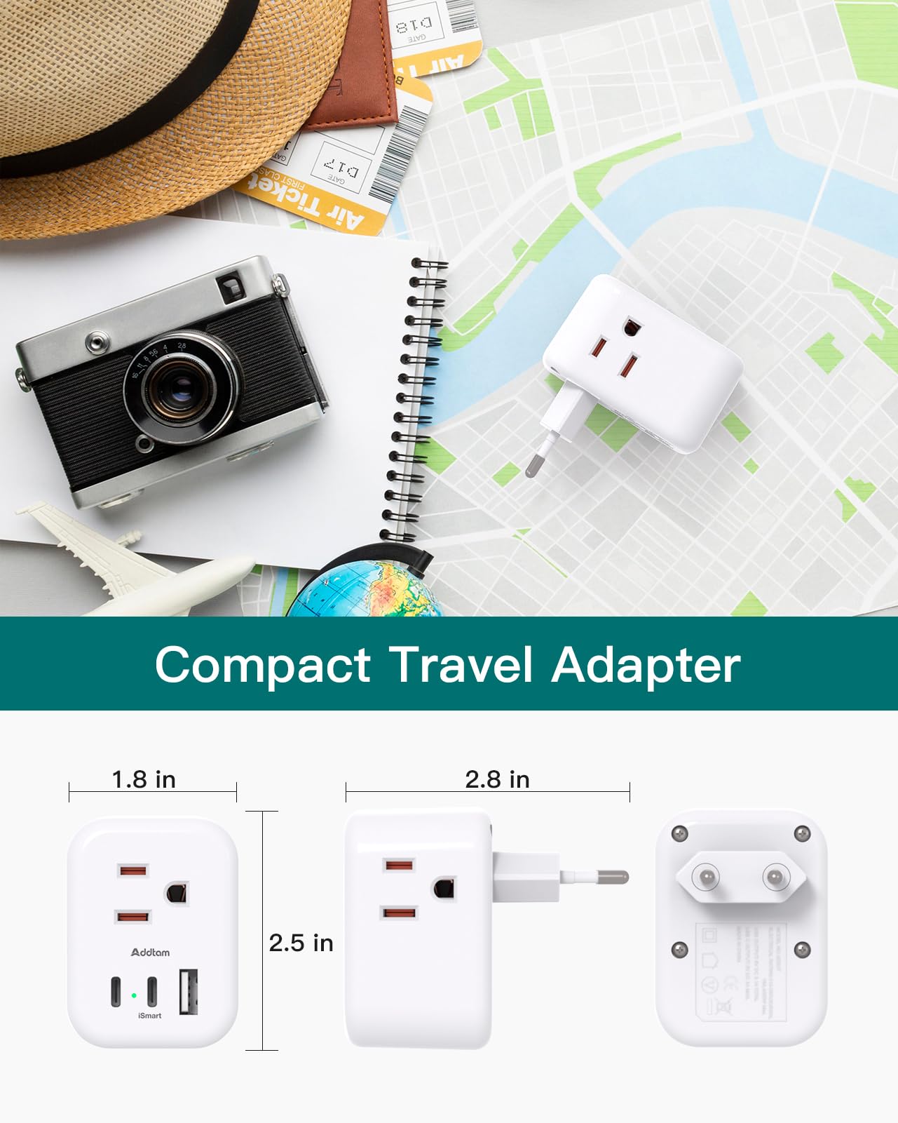 Addtam travel-friendly adapter ideal for hotel rooms and dorms