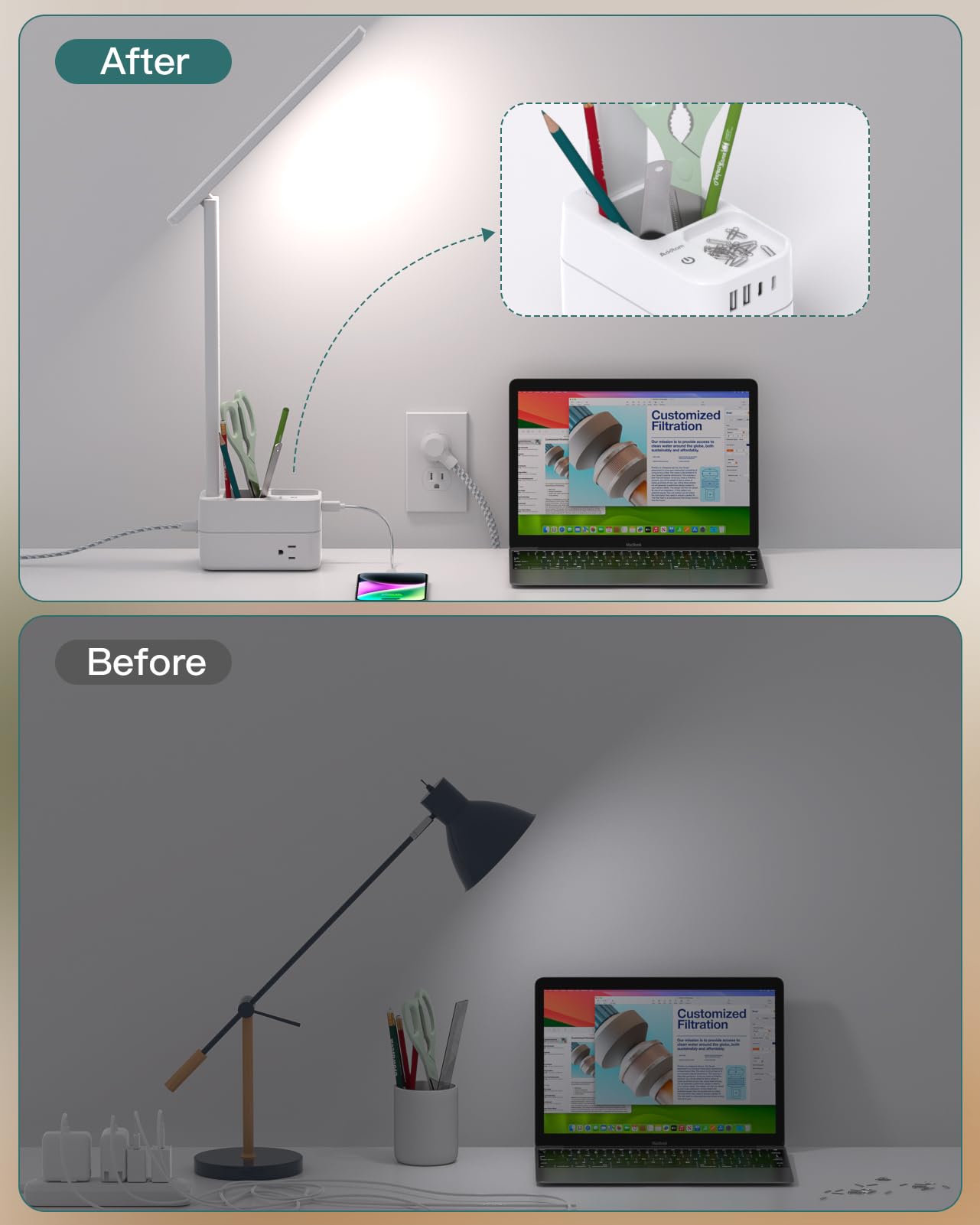 Addtam desk lamp with three-prong outlets for power sharing.