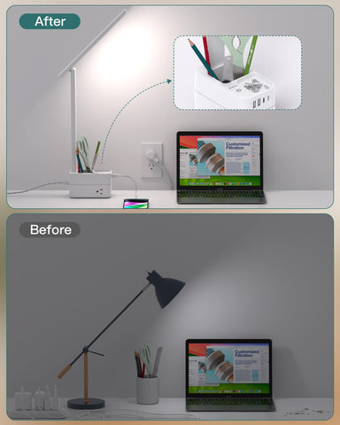 Addtam desk lamp with three-prong outlets for power sharing.