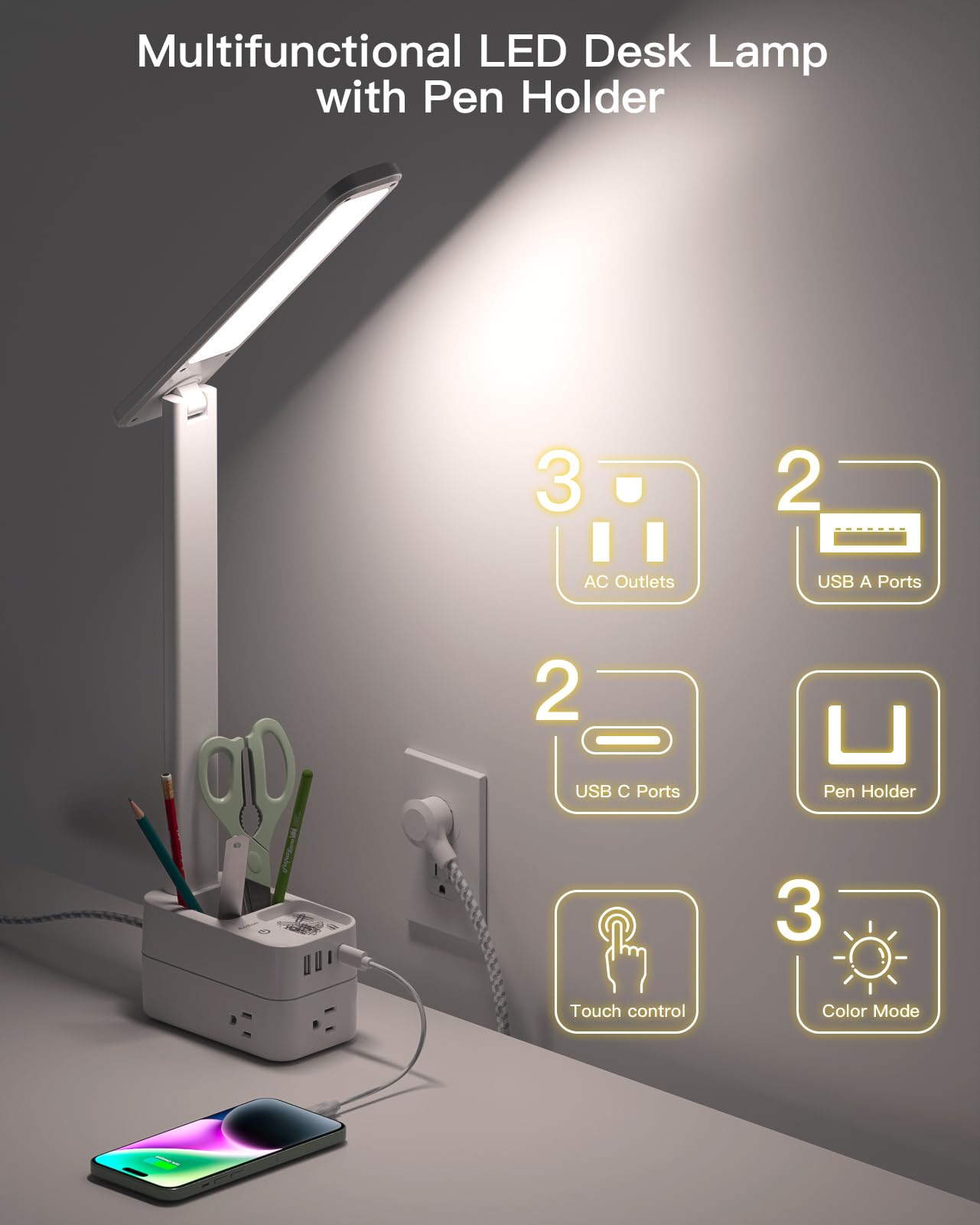 Addtam desk lamp showing USB charging ports for device power.