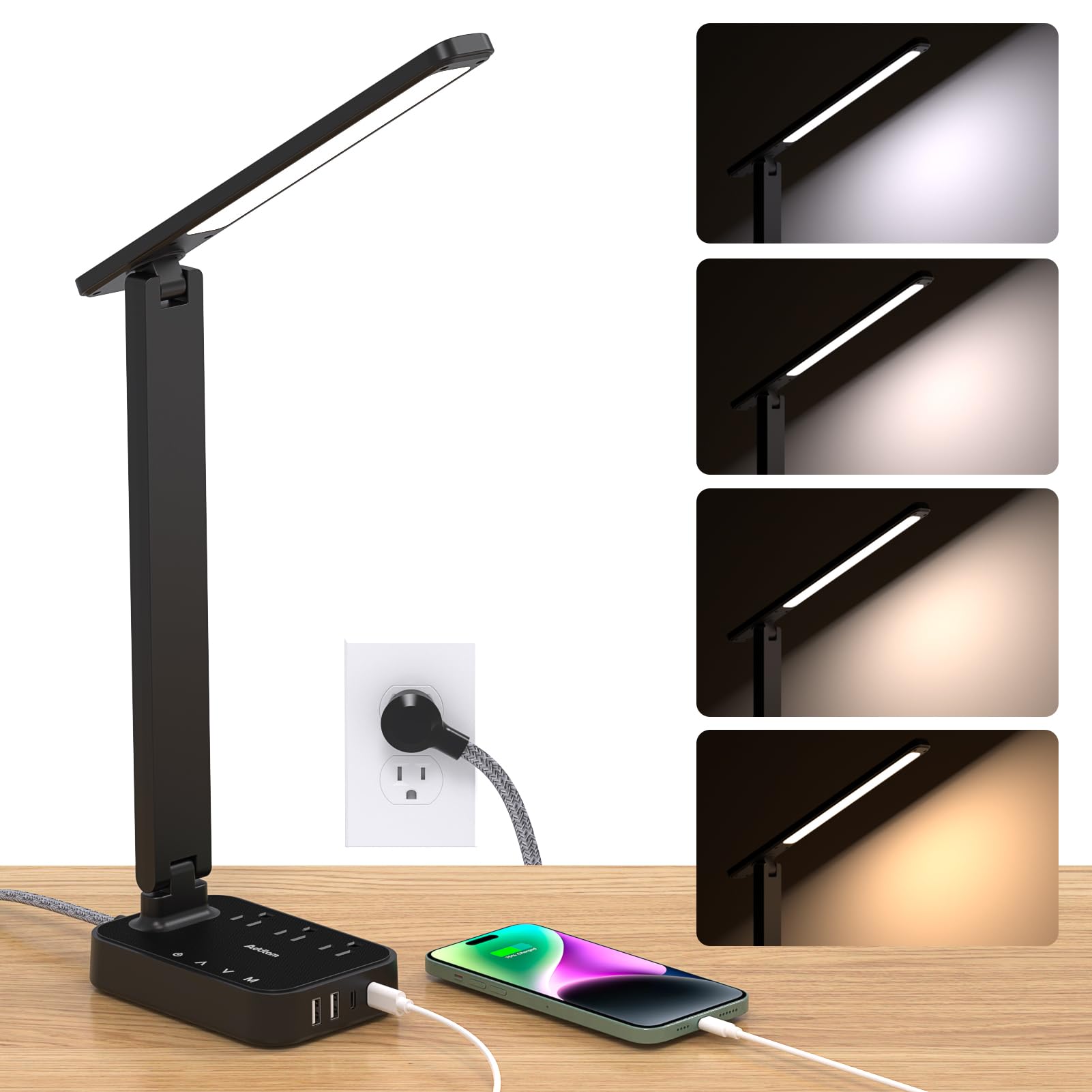 Addtam LED desk lamp with power strip provides organized charging and bright task lighting.