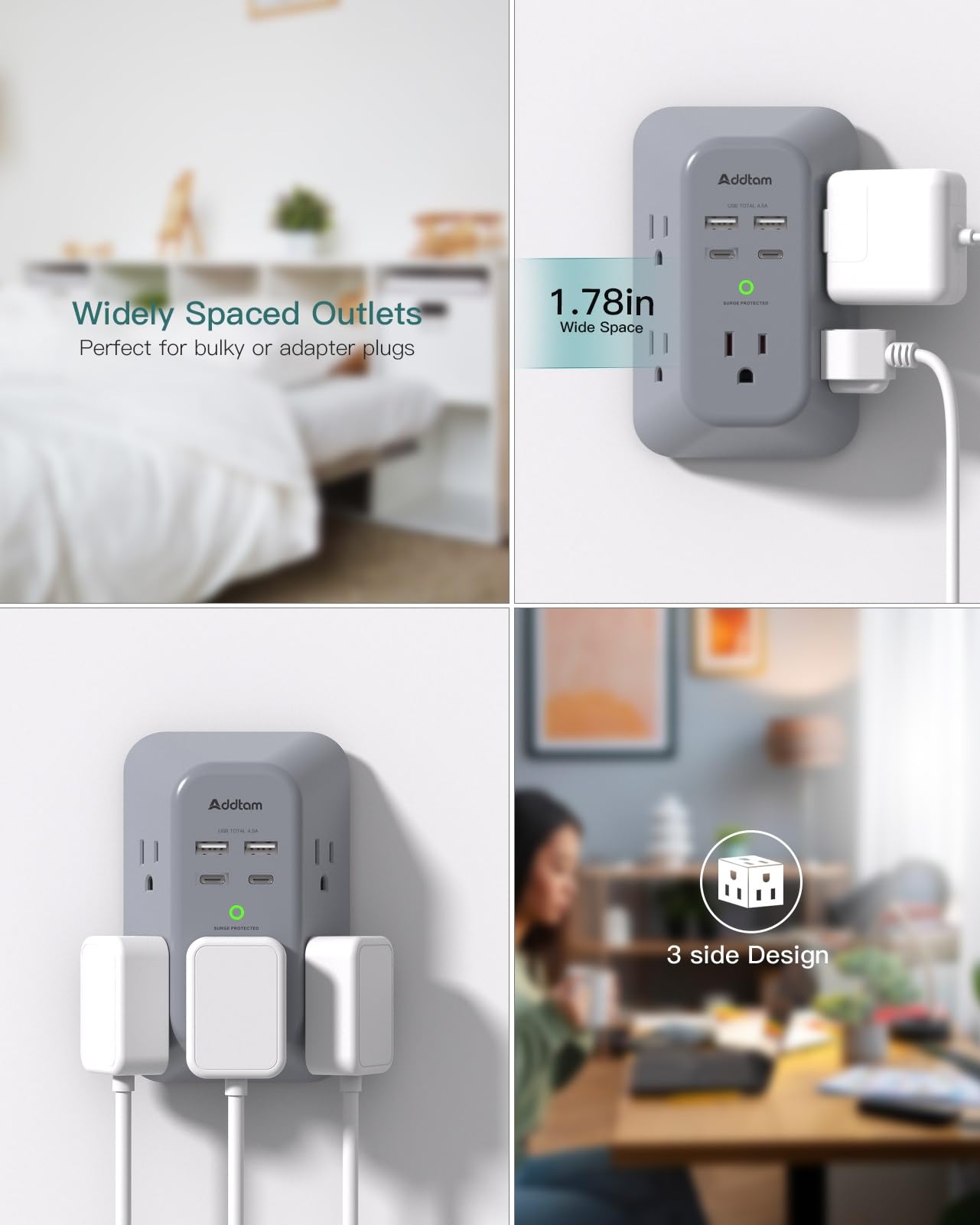 Addtam 3-sided design and wide spacing enables multiple devices.