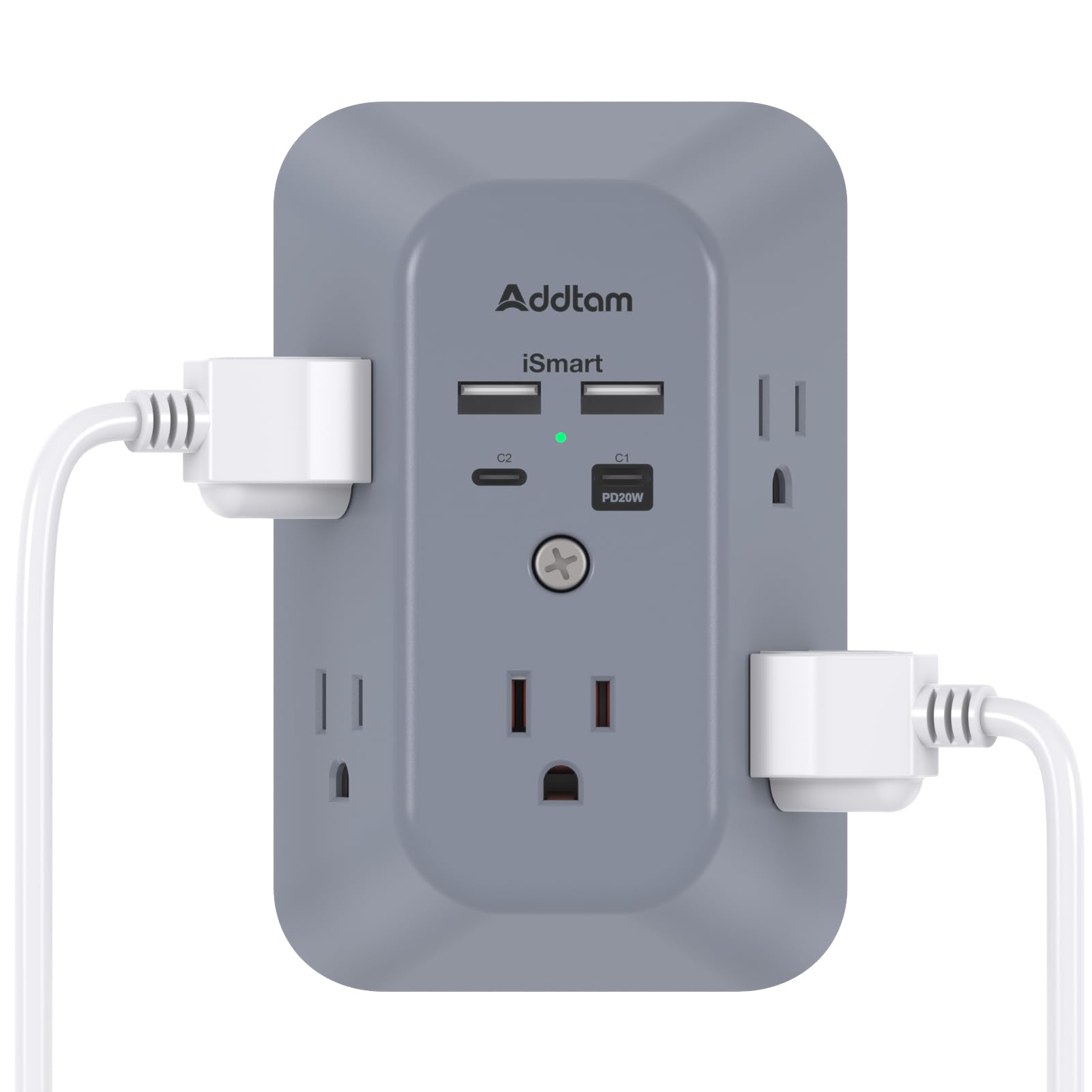 Addtam surge protector outlet extender front view with 3-sided outlets for easy access.