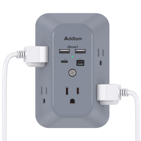 Addtam surge protector outlet extender front view with 3-sided outlets for easy access.