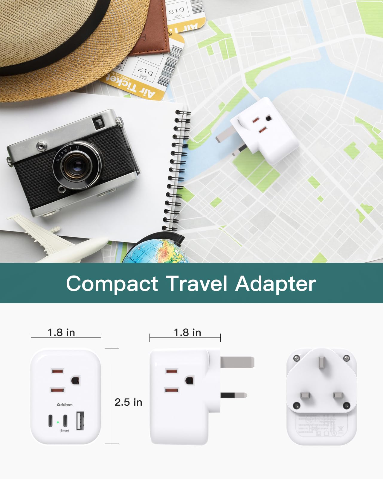 Addtam 6-in-1 charger in hotel room setup powering multiple devices
