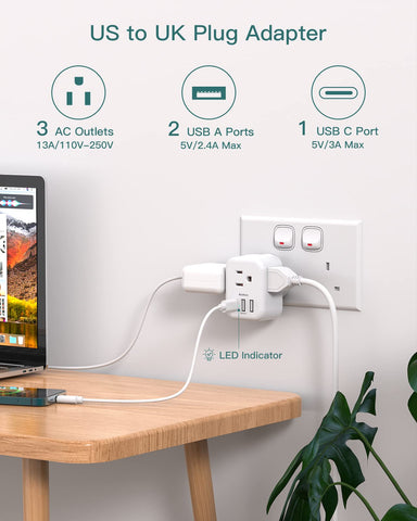 Addtam Type G adapter ports close-up showing 3 AC outlets and 3 USB ports