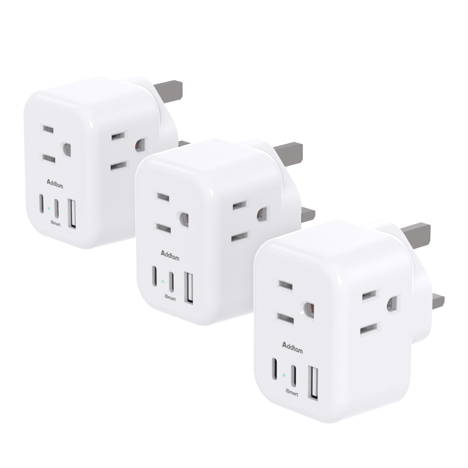Addtam Type G travel plug front view with 3 outlets and 3 USB ports for simultaneous charging