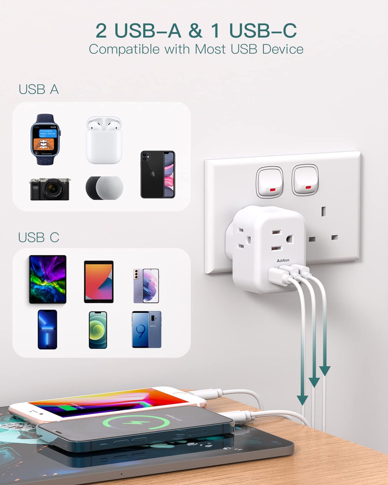 Addtam UK adapter in a hotel setting for reliable charging during stays