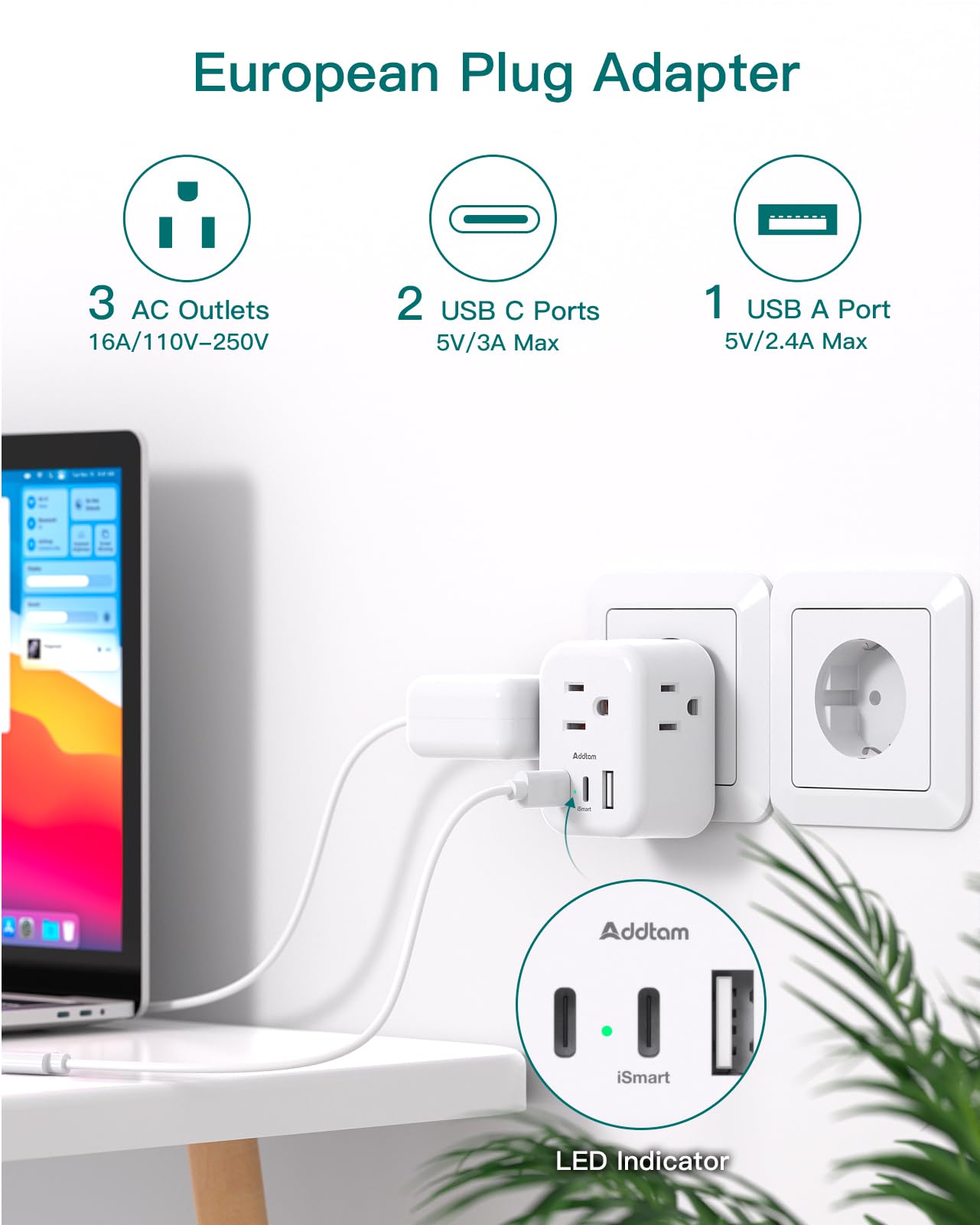 Addtam EU adapter with 3 outlets and USB-C/USB-A for multiple devices