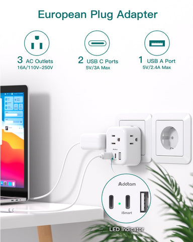 Addtam EU adapter with 3 outlets and USB-C/USB-A for multiple devices