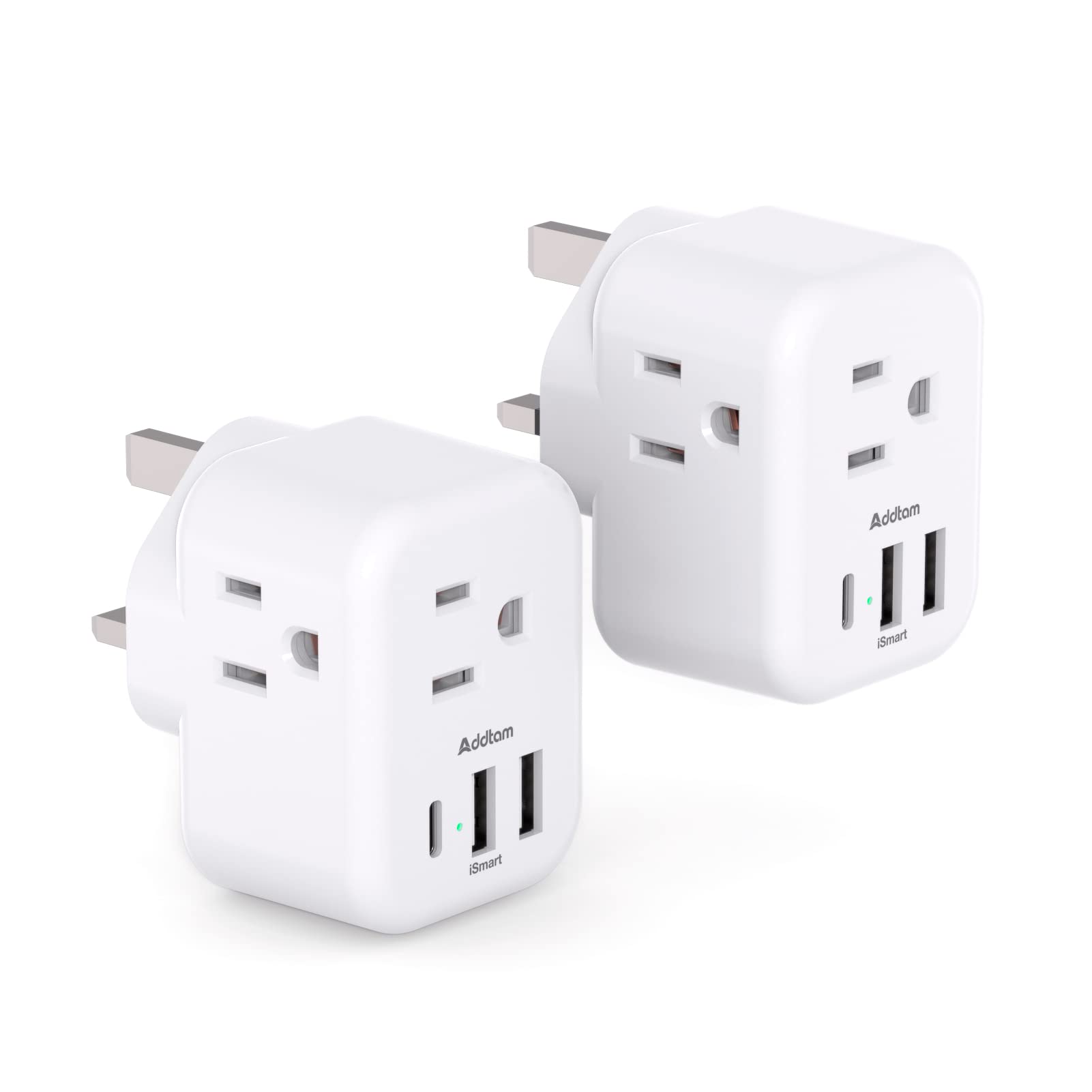 Addtam US to UK travel adapter front view with compact design for easy packing
