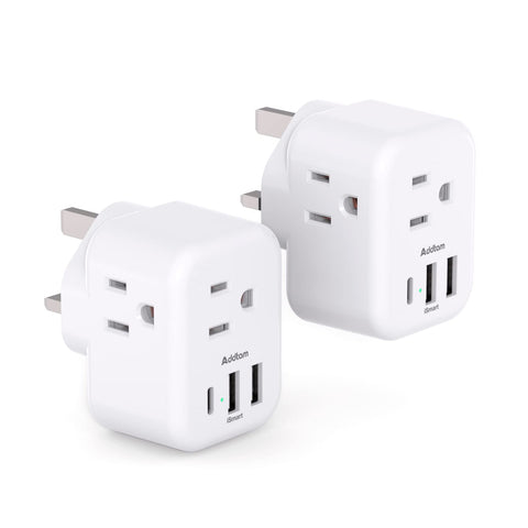 Addtam US to UK travel adapter front view with compact design for easy packing