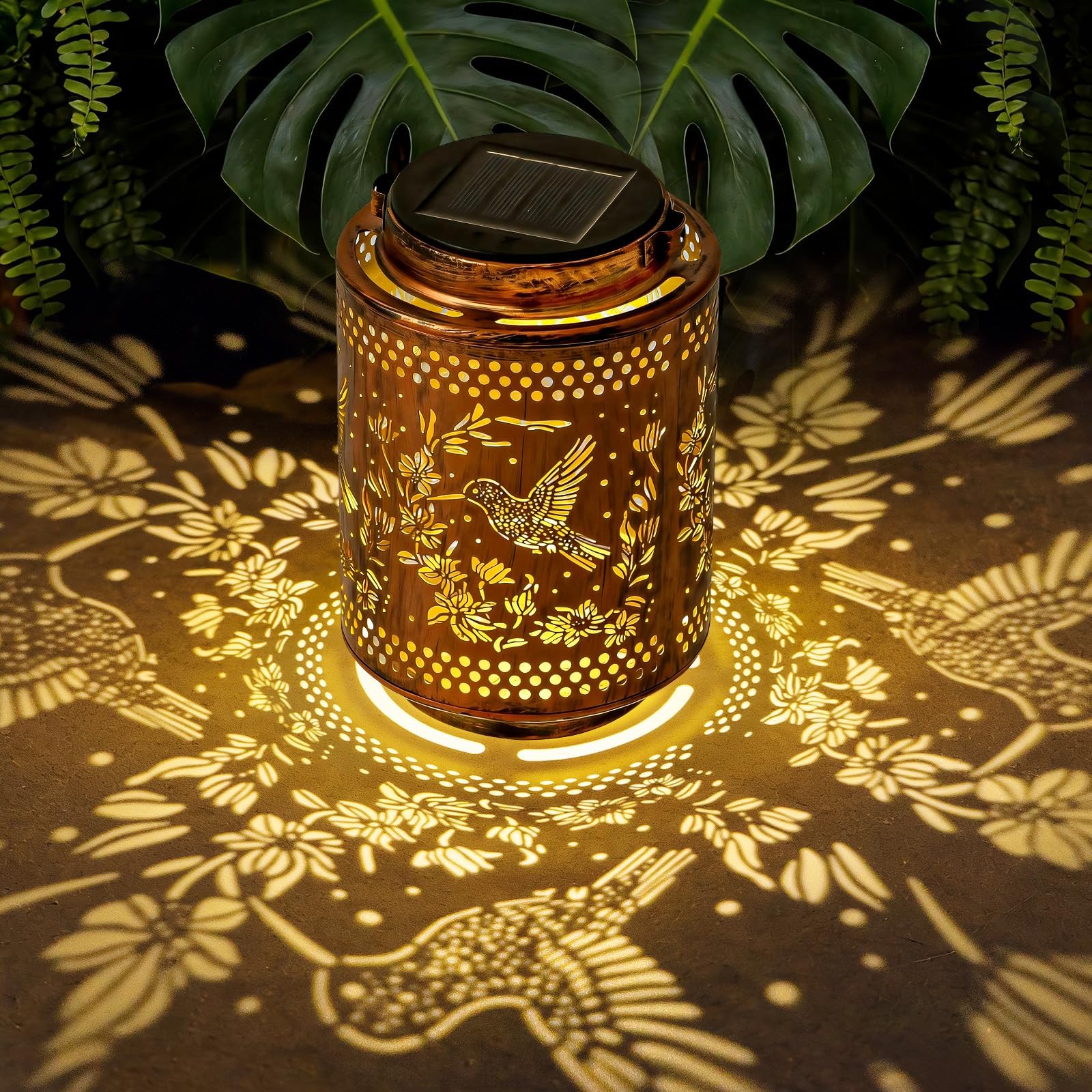Adebime hummingbird-iris projection lantern lights garden with whimsical birds.