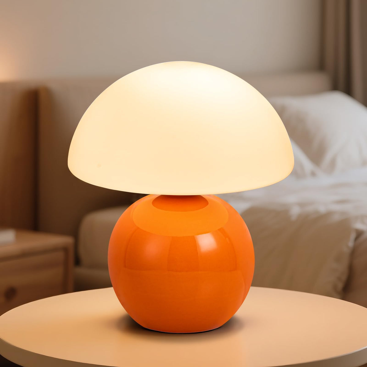 Adebime mushroom table lamp with orange ceramic base adds vibrant retro style