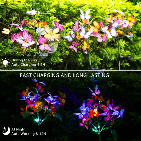 Adecorty fabric butterflies glow softly on garden borders.