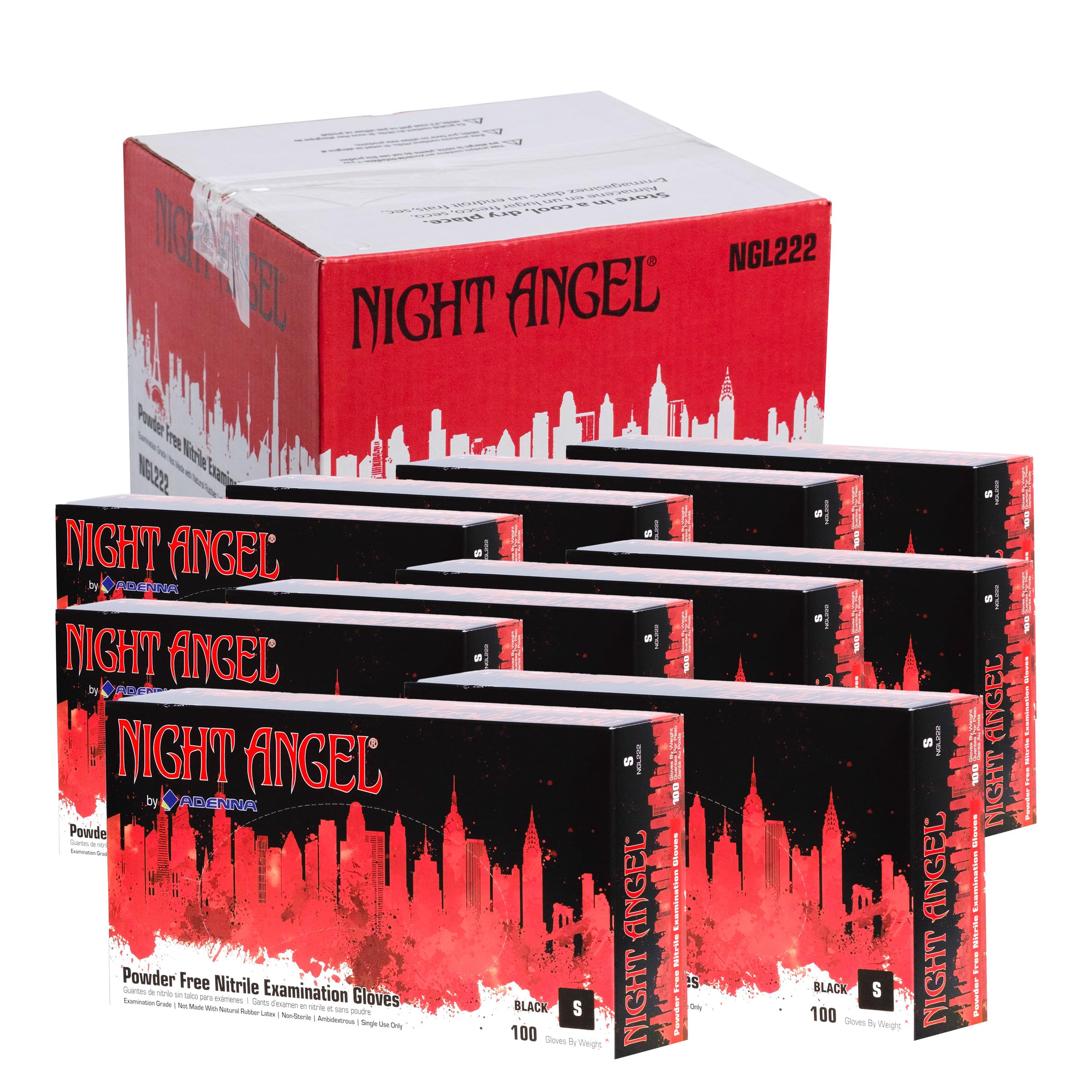 Adenna Night Angel black nitrile gloves pack close-up with textured grip for secure handling.