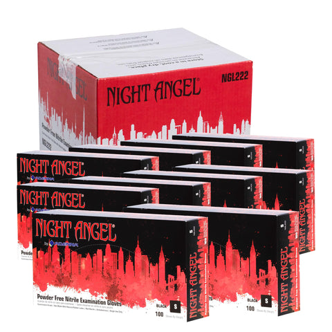 Adenna Night Angel black nitrile gloves pack close-up with textured grip for secure handling.