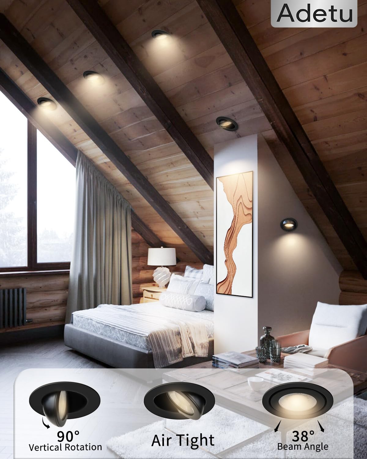 Adetu 360°+90° adjustable gimbal enabling precise beam angles for living spaces