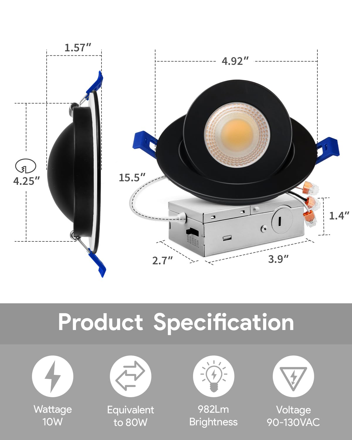 Adetu 982 lumen LED output at 10 watts for bright, efficient lighting.