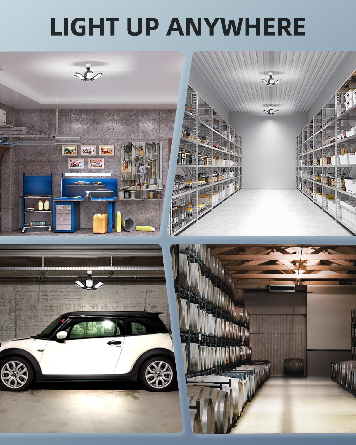 Adiding LED garage light suited for basements, workshops, and utility rooms.