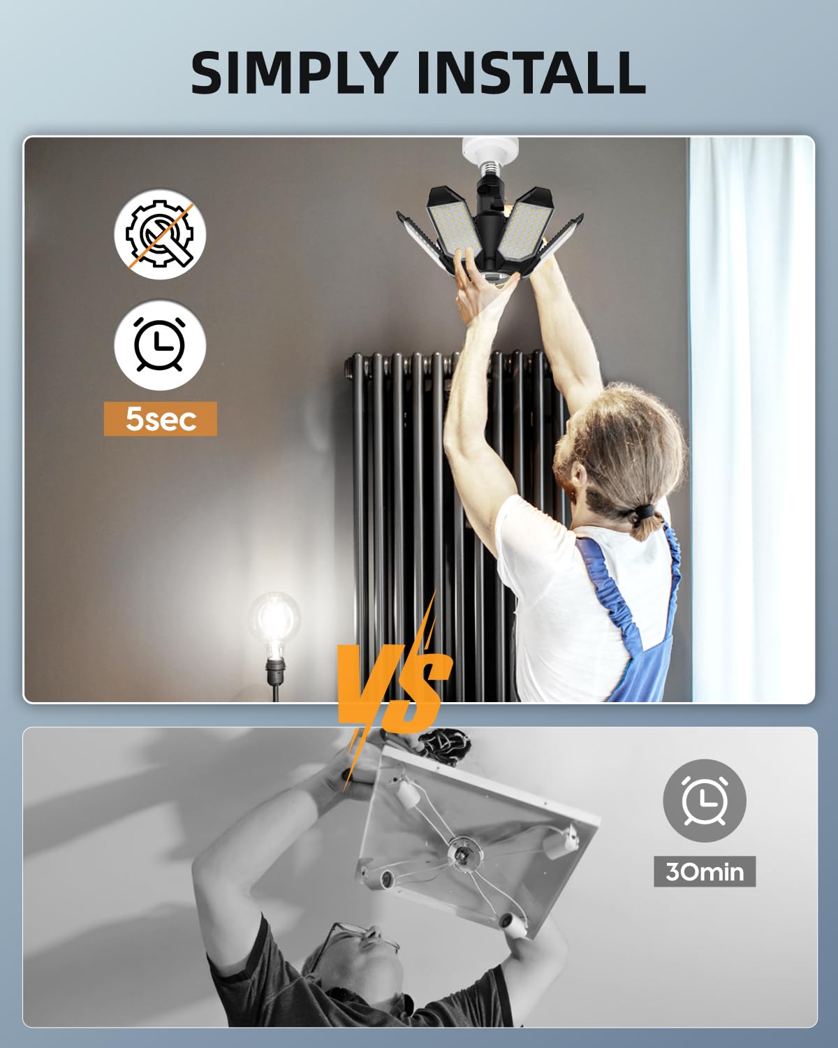 Adiding LED garage light with standard E26/E27 base for easy fit.
