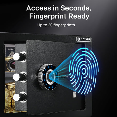 ADIMO biometric safe triple alarm system panel indicating deterrence and alert capabilities