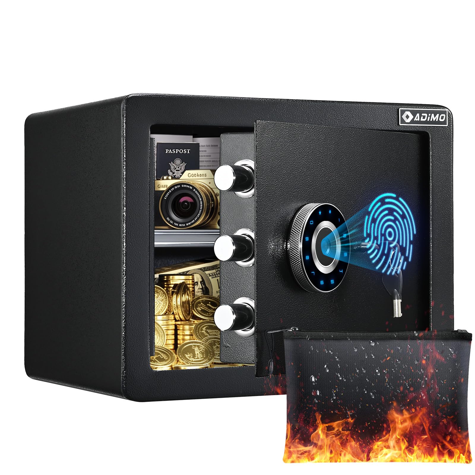 ADIMO biometric safe front view highlighting durable alloy steel construction for protection