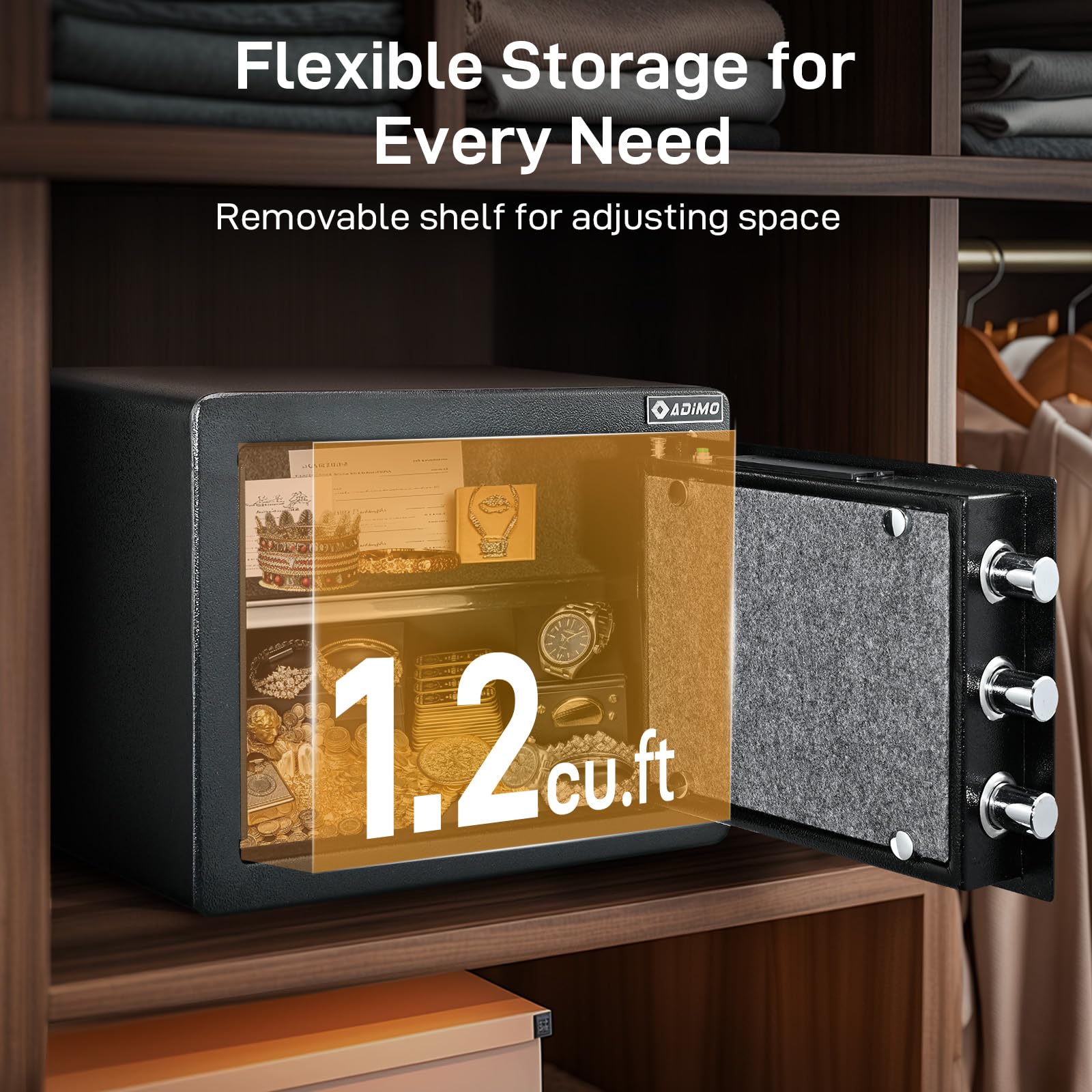 ADIMO biometric safe interior with removable shelf enabling flexible organization