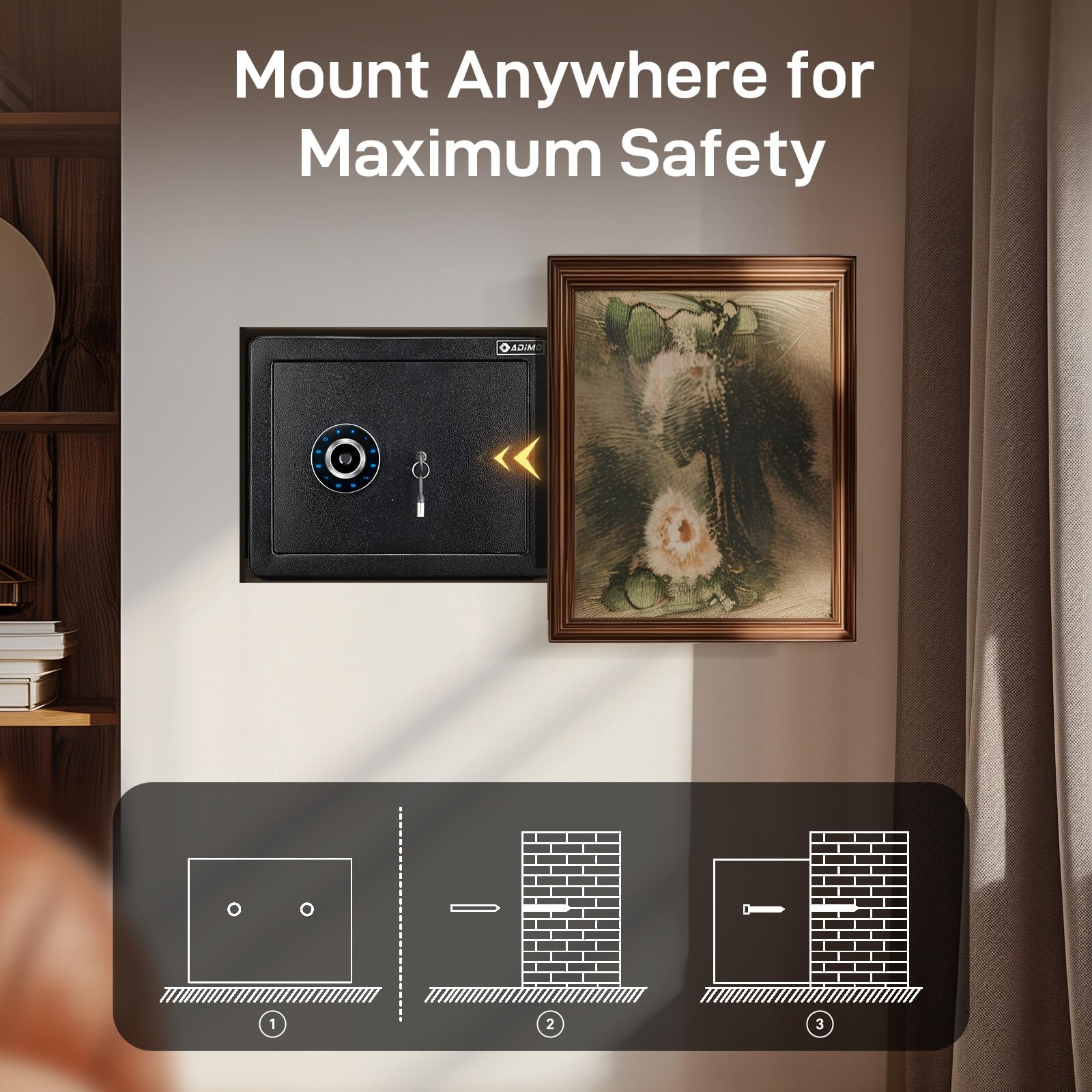 ADIMO biometric safe interior soft lining and compact space for valuables