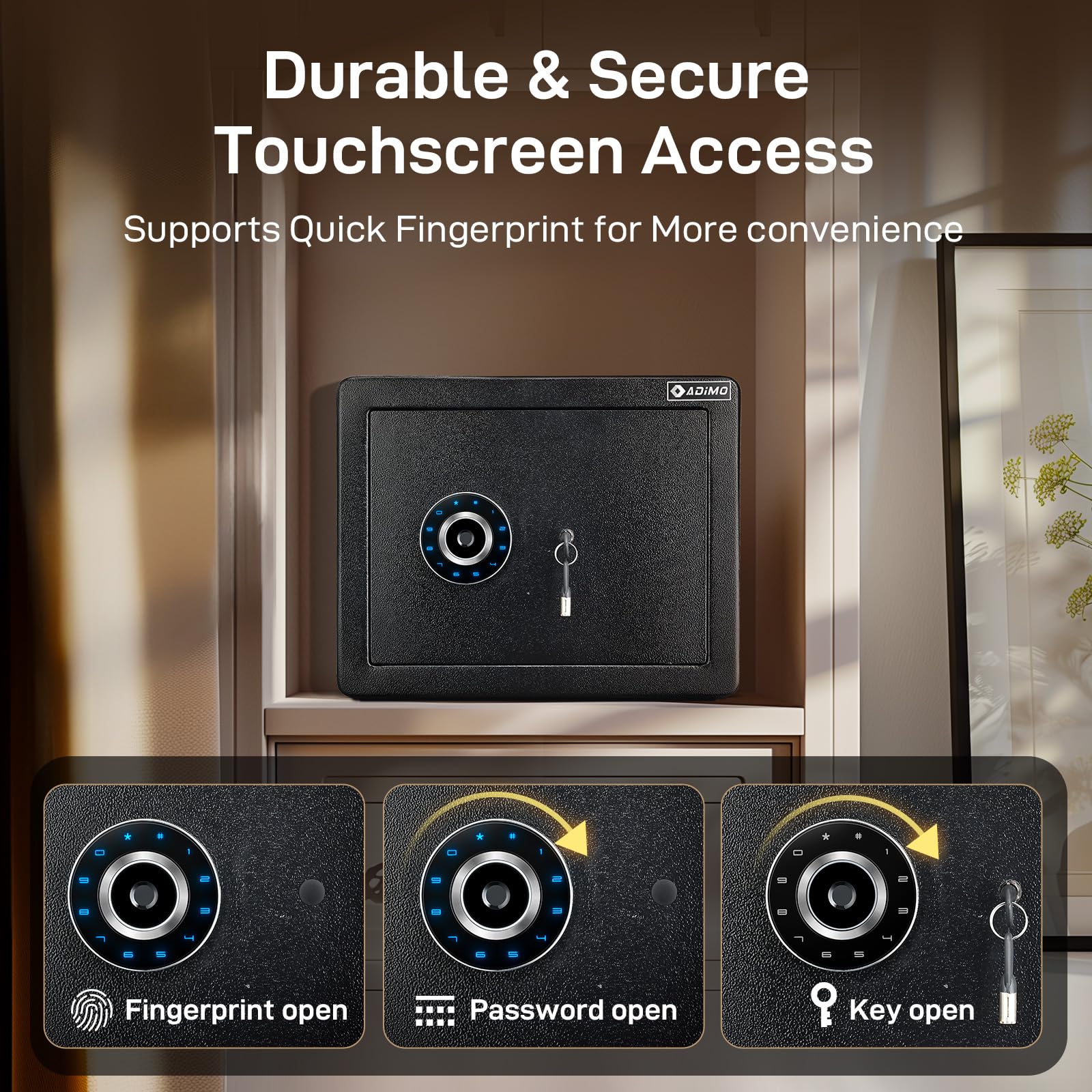 ADIMO biometric safe touchscreen keypad close-up for fast, secure access