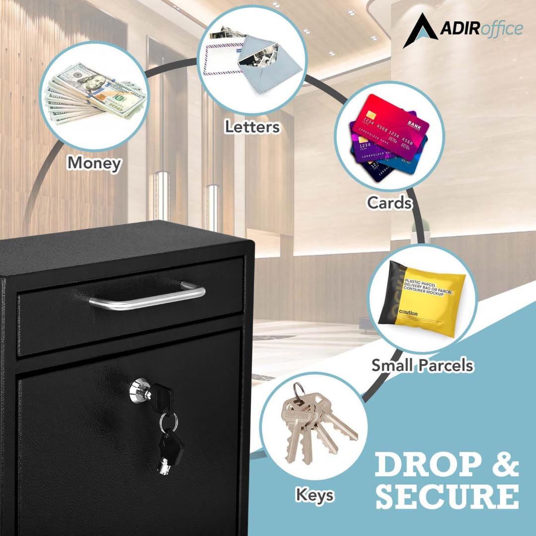 AdirOffice anti-pry latch close-up emphasizes enhanced security for after-hours deposits.