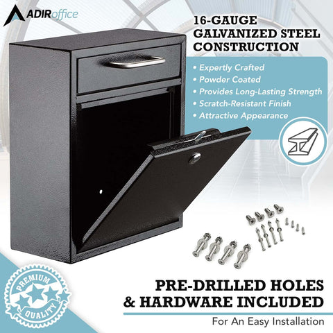 AdirOffice wall mount mailbox lock detail highlights anti-pry latch and 12-disc wafer lock.