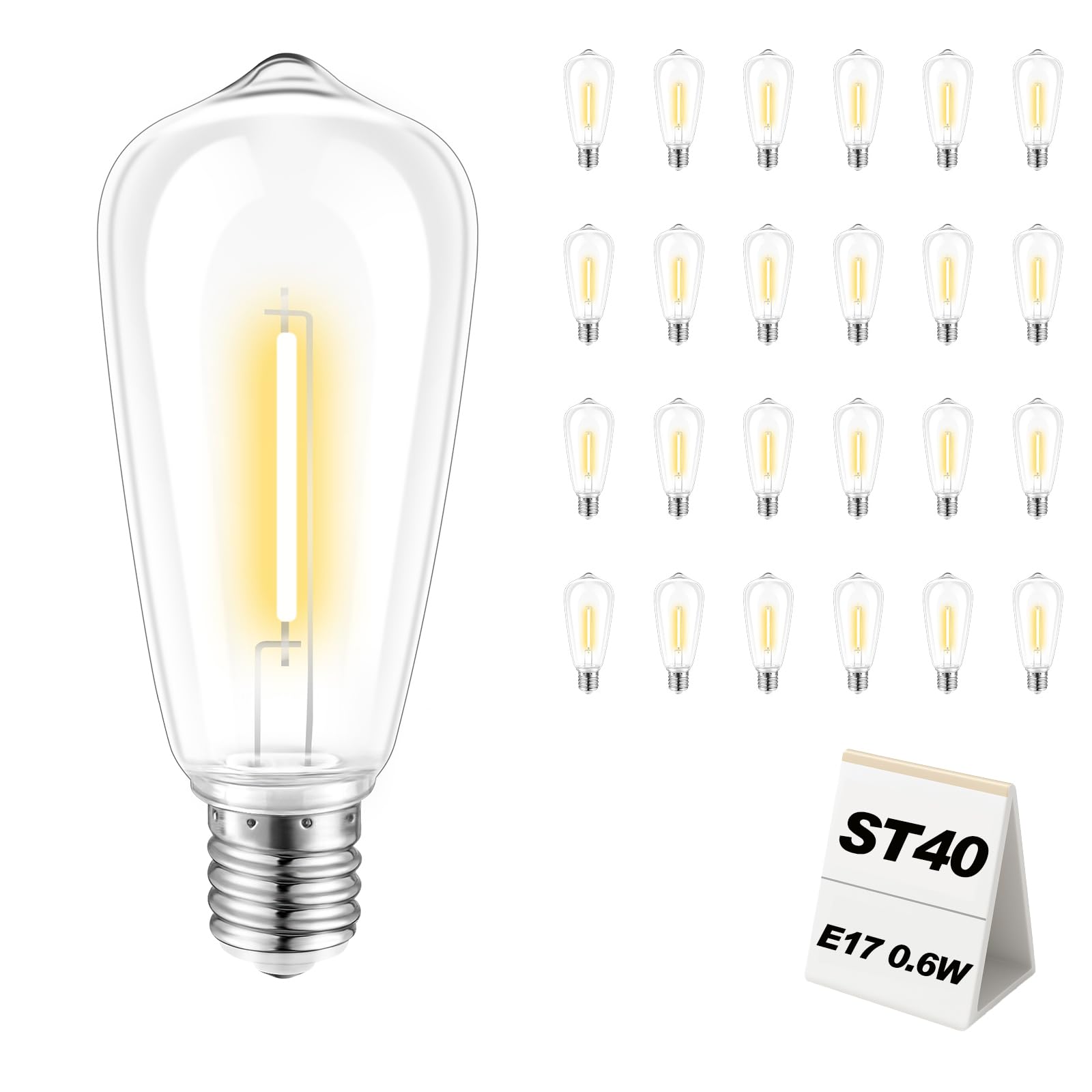 Adirxon 25-pack ST40 LED bulbs for outdoor use delivering a warm 2700K canopy.