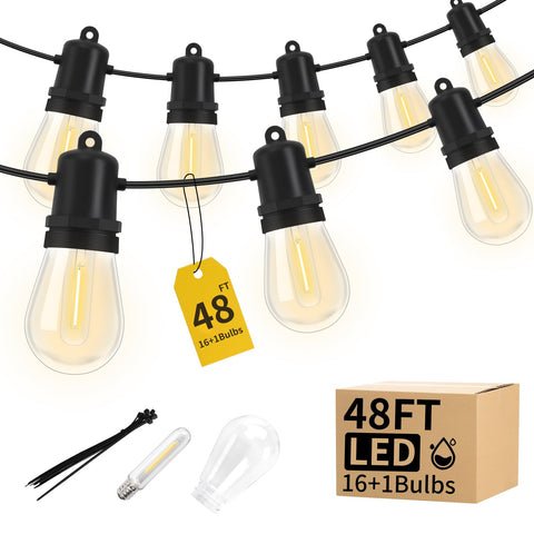 Adirxon 48ft LED string lights provide warm glow for patios and backyards, ideal for evenings.