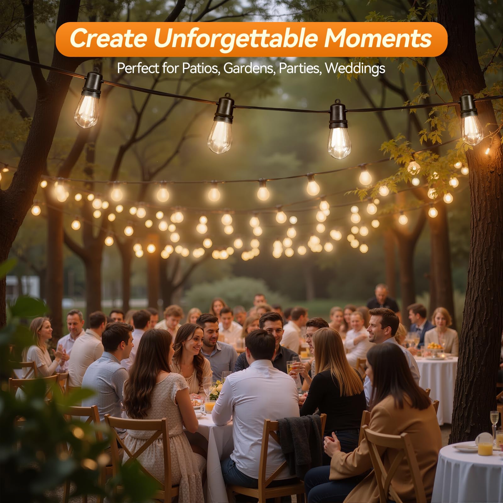 Adirxon dimmable S14 Edison bulbs enable mood control for outdoor gatherings.