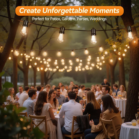 Adirxon dimmable S14 Edison bulbs enable mood control for outdoor gatherings.
