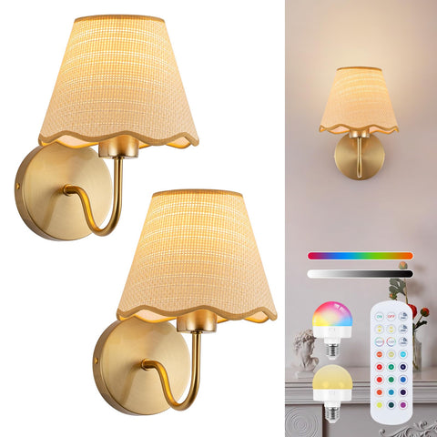 ADISUN battery wall sconce with gold finish and rattan shade for cozy ambience.