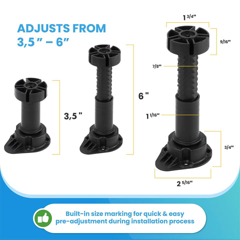 Close-up of height-adjustable foot showing 3.5–6 in range.