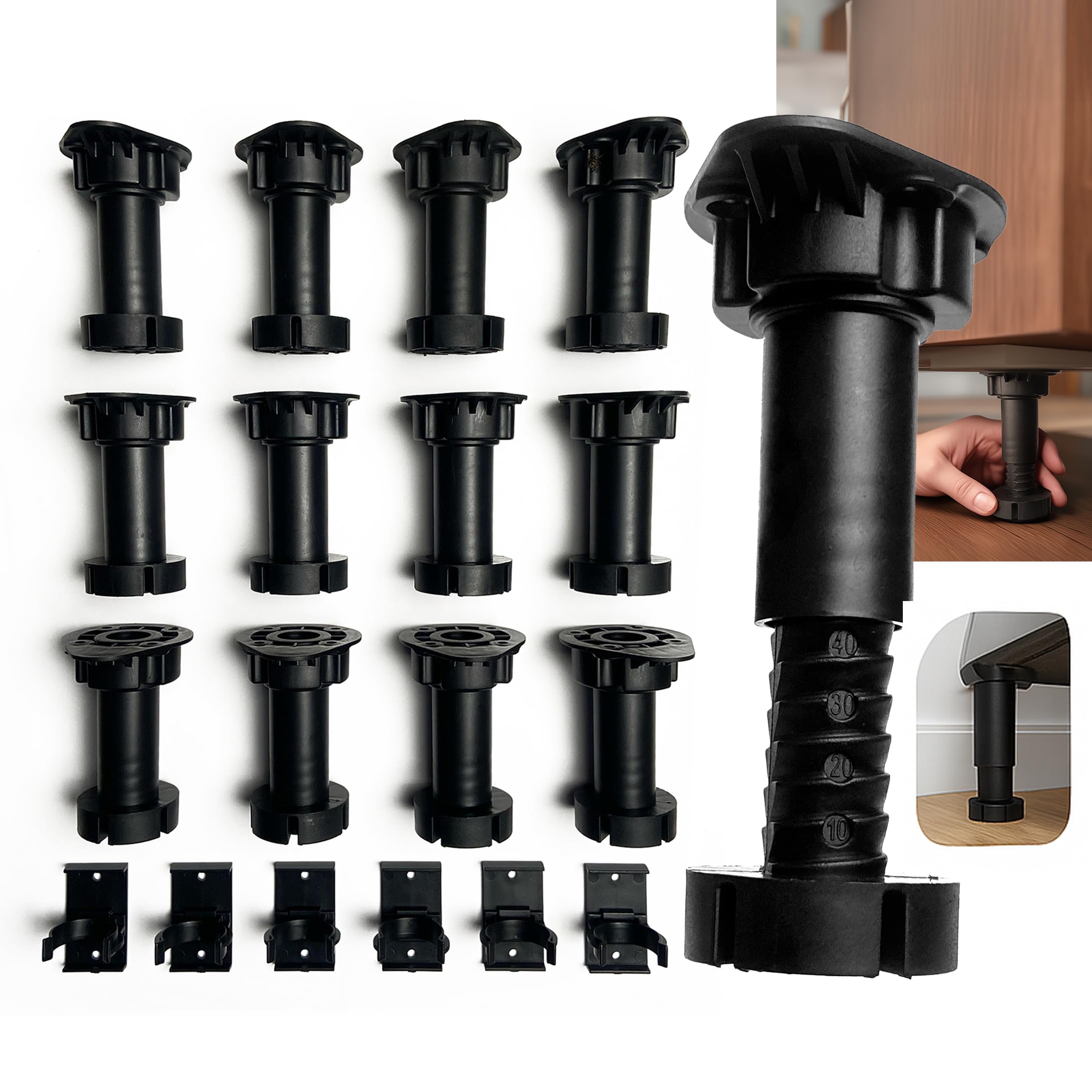 Adjustable furniture leveling feet with rubber base providing stable support.