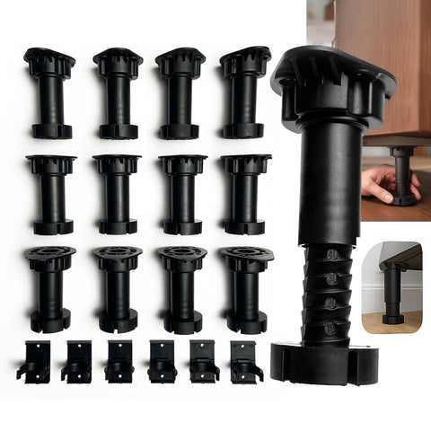 Adjustable furniture leveling feet with rubber base providing stable support.