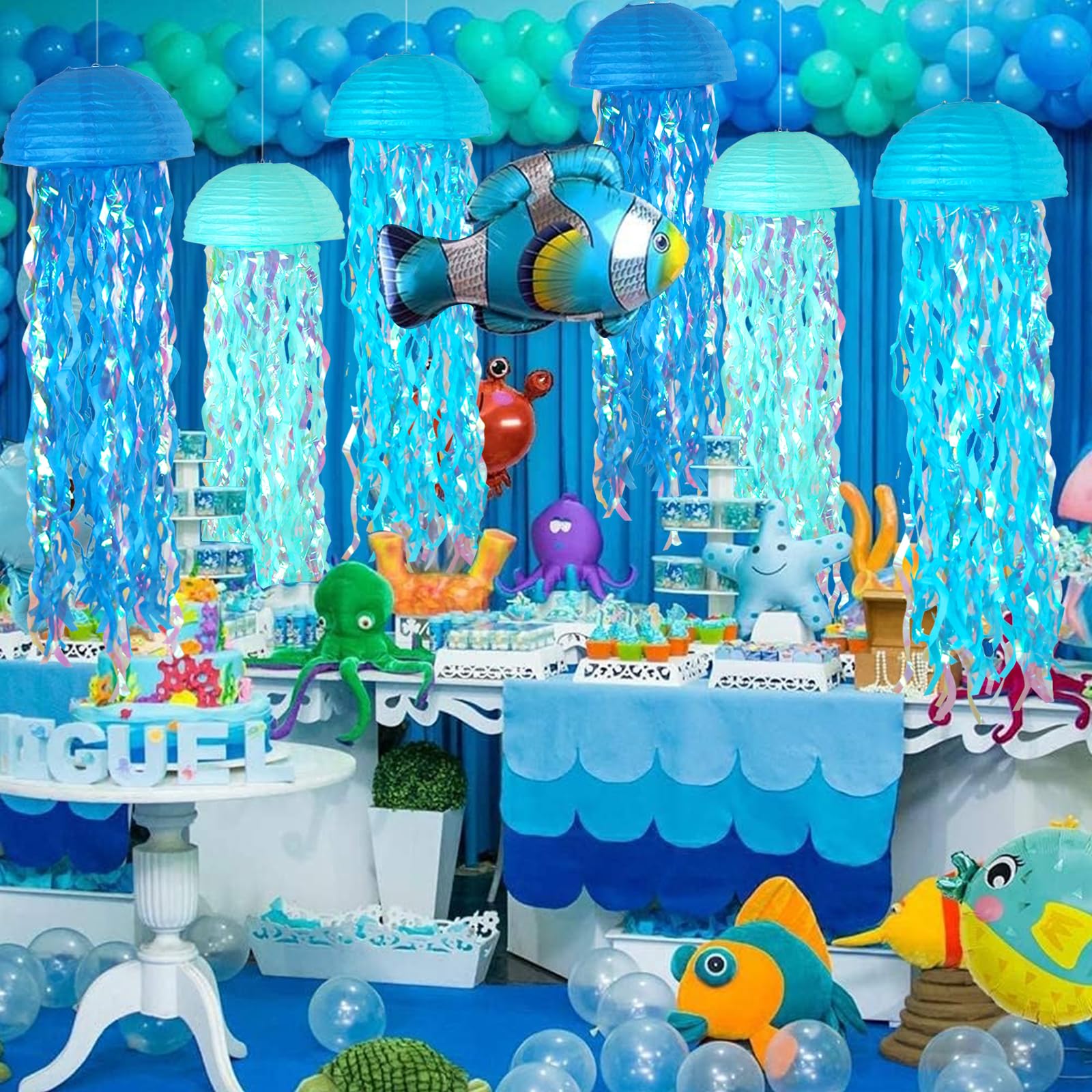 ADLKGG light-blue jellyfish lanterns for mermaid-themed celebrations, vivid color accents.