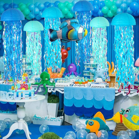 ADLKGG light-blue jellyfish lanterns for mermaid-themed celebrations, vivid color accents.